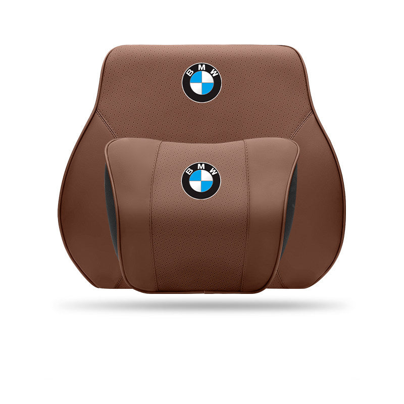 Porsche-Style Genuine Leather Lumbar Support and Neck Pillow(Headrest + Lumbar Support)