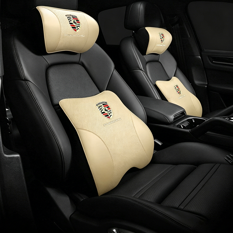 Porsche-Style Genuine Leather Lumbar Support and Neck Pillow(Headrest + Lumbar Support)