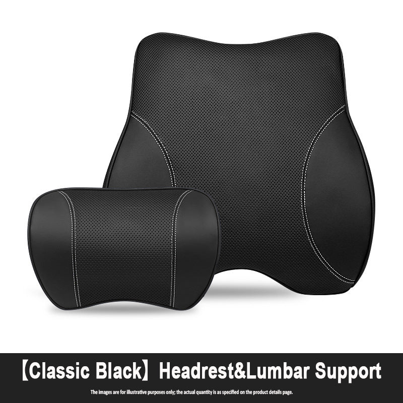 Porsche-Style Genuine Leather Lumbar Support and Neck Pillow(Headrest + Lumbar Support)