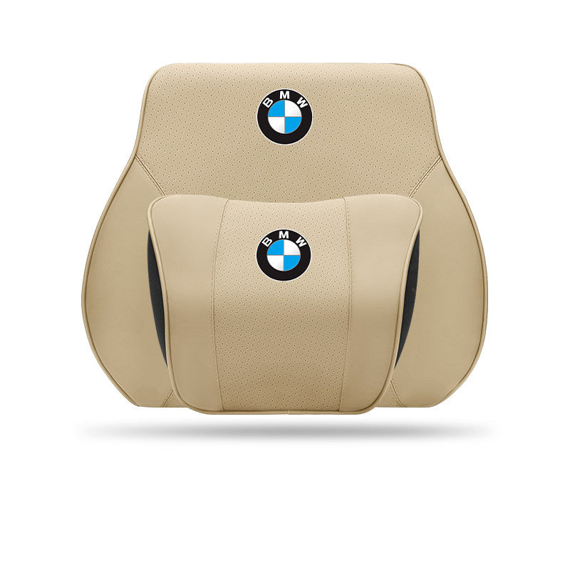 Porsche-Style Genuine Leather Lumbar Support and Neck Pillow(Headrest + Lumbar Support)