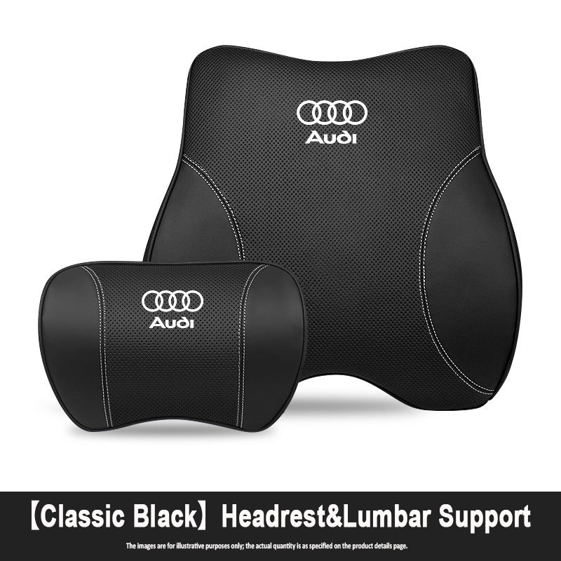 Porsche-Style Genuine Leather Lumbar Support and Neck Pillow(Headrest + Lumbar Support)